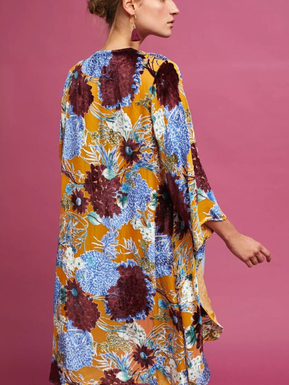 Anthropologie FLOREAT Aurelia Yellow Floral Burnout Velvet Kimono, One Size - Picture 2 of 13